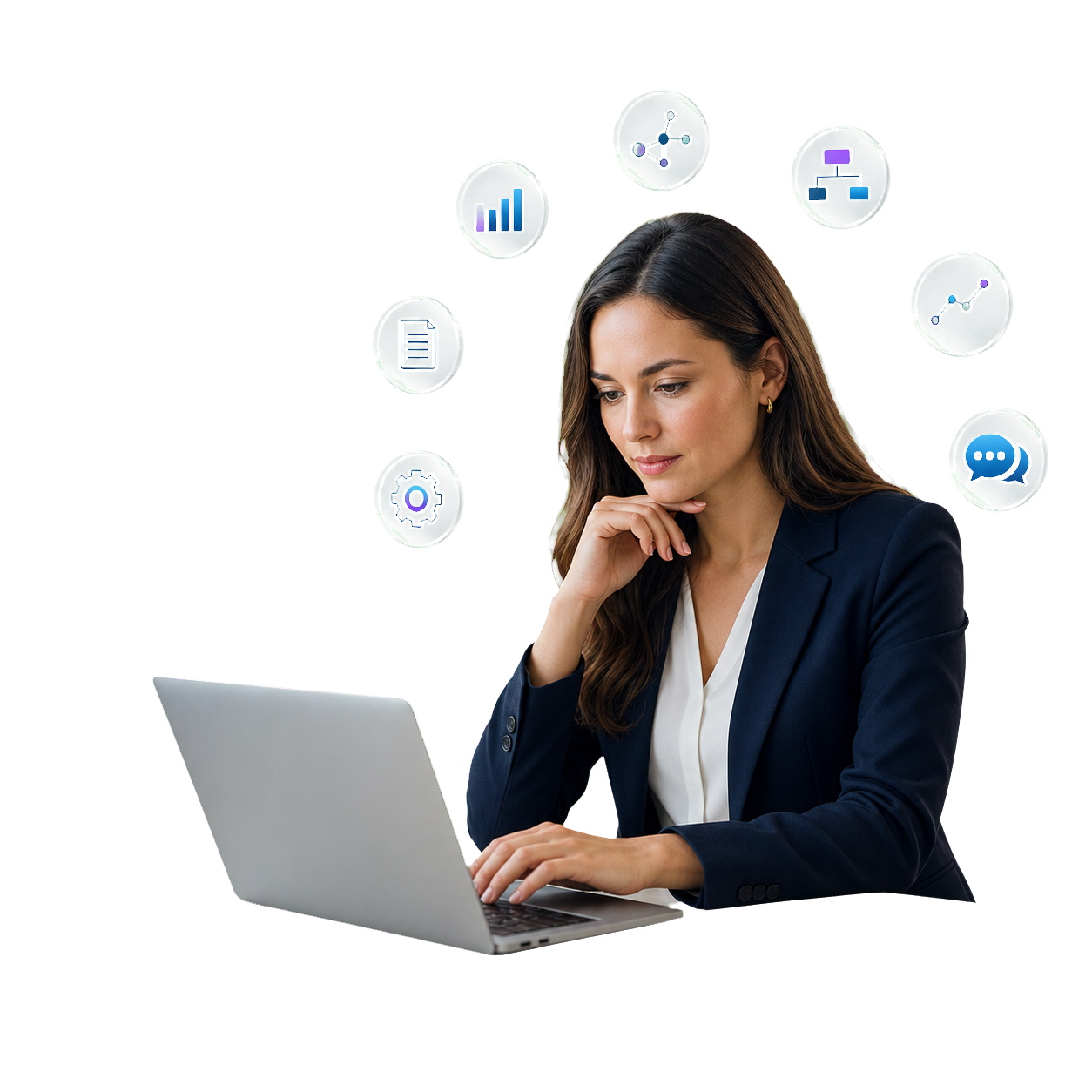 Business professional using AI and workflow tools at a laptop
